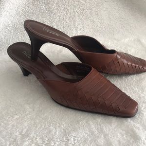 Brown woven slip on heels